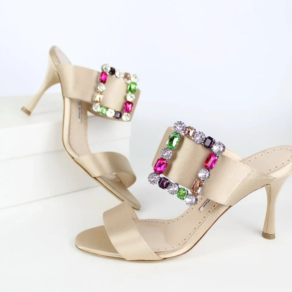 NEW Manolo Blahnik Verda 90 Crystal Buckle Satin Mule Sandals Nude EU 38.5